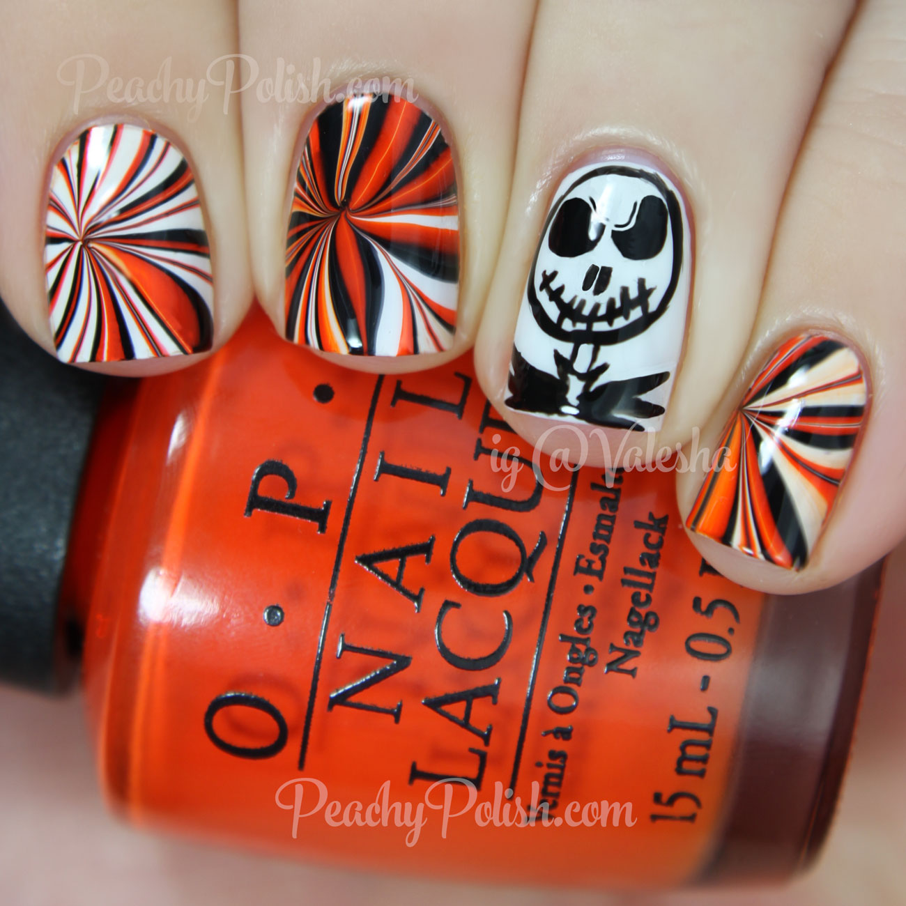 Halloween Nail Art | Jack Skellington/Pumpkin King Watermarble | Peachy Polish